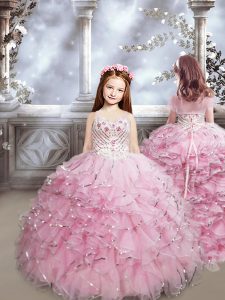 Baby Pink Lace Up Sweetheart Beading and Ruffles Little Girl Pageant Gowns Organza Sleeveless Brush Train