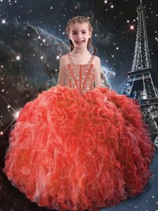 Straps Sleeveless Lace Up Little Girls Pageant Gowns Coral Red Organza