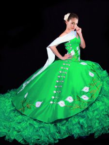 Super Sleeveless Organza Brush Train Lace Up Quinceanera Dress in Green with Embroidery and Ruffles
