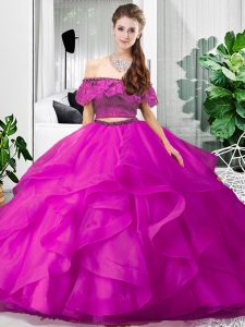 Clearance Fuchsia 15 Quinceanera Dress Military Ball and Sweet 16 and Quinceanera with Lace and Ruffles Off The Shoulder Sleeveless Lace Up