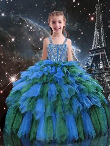 Latest Blue Tulle Lace Up Child Pageant Dress Sleeveless Floor Length Beading and Ruffles