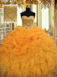 Suitable Orange Lace Up 15th Birthday Dress Beading and Ruffles Sleeveless Floor Length