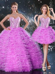 Sleeveless Floor Length Beading and Ruffled Layers Lace Up Vestidos de Quinceanera with Fuchsia