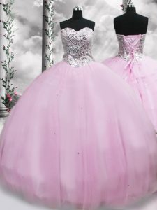 Superior Brush Train Ball Gowns Quinceanera Gown Lilac Sweetheart Tulle Sleeveless Lace Up