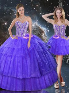 Floor Length Purple Quinceanera Dresses Organza Sleeveless Beading and Ruffled Layers