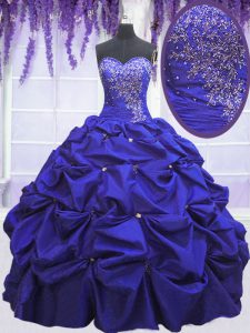 Fitting Sleeveless Floor Length Beading and Pick Ups Lace Up Quince Ball Gowns with Navy Blue