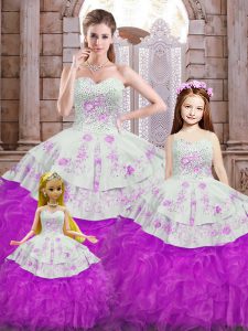 Custom Fit White And Purple Ball Gowns Sweetheart Sleeveless Organza Floor Length Lace Up Beading and Appliques and Ruffles 15th Birthday Dress