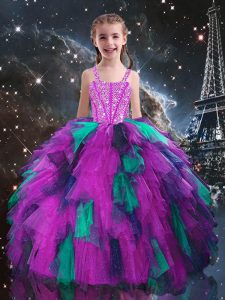 Fuchsia Tulle Lace Up Little Girls Pageant Dress Sleeveless Floor Length Beading and Ruffles