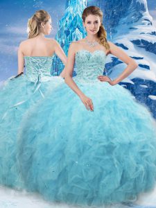 Aqua Blue Sleeveless Floor Length Beading and Pick Ups Lace Up Sweet 16 Dress