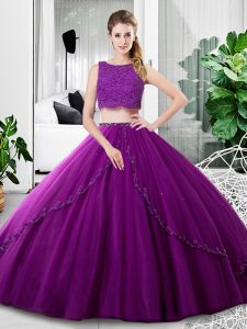 Edgy Sleeveless Floor Length Lace and Ruching Zipper Sweet 16 Dresses with Purple