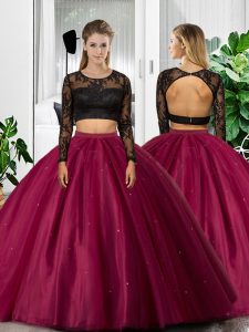 Floor Length Two Pieces Long Sleeves Fuchsia 15 Quinceanera Dress Backless