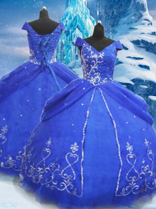 Cheap Ball Gowns Ball Gown Prom Dress Blue V-neck Tulle Short Sleeves Floor Length Lace Up