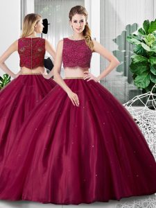 Fuchsia Two Pieces Lace and Ruching 15th Birthday Dress Zipper Tulle Sleeveless Floor Length