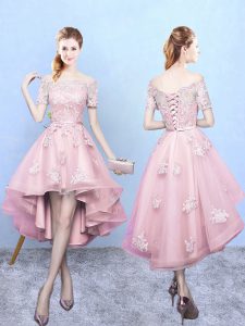 Short Sleeves Lace Lace Up Dama Dress for Quinceanera