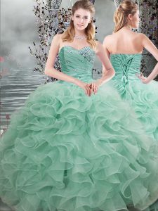 Organza Sweetheart Sleeveless Lace Up Beading and Ruffles Quinceanera Gown in Apple Green