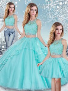 Charming Aqua Blue Tulle Clasp Handle Sweet 16 Dress Sleeveless Floor Length Beading and Lace and Sequins