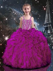 Unique Straps Short Sleeves Organza Child Pageant Dress Beading and Ruffles Lace Up