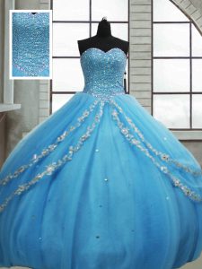 Adorable Baby Blue Sleeveless Floor Length Beading and Appliques and Sequins Lace Up Quinceanera Dresses