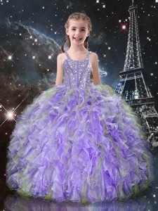 Adorable Straps Sleeveless Organza Little Girl Pageant Gowns Beading and Ruffles Lace Up