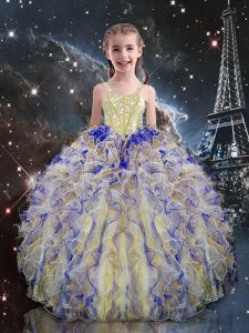 Multi-color Organza Lace Up Kids Formal Wear Sleeveless Floor Length Beading and Ruffles