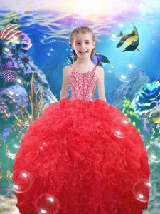 Popular Coral Red Ball Gowns Organza Straps Sleeveless Beading and Ruffles Floor Length Lace Up Child Pageant Dress