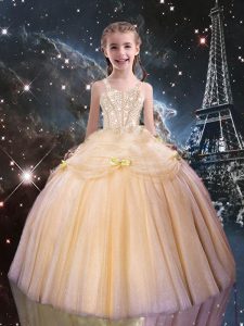 Graceful Sleeveless Tulle Floor Length Lace Up Pageant Gowns For Girls in Peach with Beading