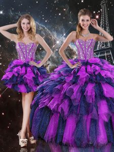 Sophisticated Multi-color Vestidos de Quinceanera Military Ball and Sweet 16 and Quinceanera with Beading and Ruffles and Ruffled Layers Sweetheart Sleeveless Lace Up