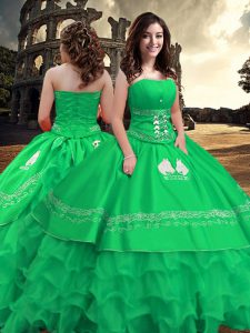 Suitable Green Zipper Strapless Embroidery and Ruffled Layers Quince Ball Gowns Taffeta Sleeveless