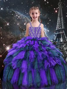Nice Sleeveless Tulle Floor Length Lace Up Little Girls Pageant Dress Wholesale in Eggplant Purple with Beading and Ruffles