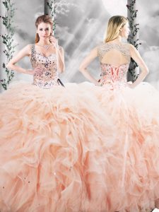 Peach Lace Up 15 Quinceanera Dress Beading and Ruffles Sleeveless Floor Length