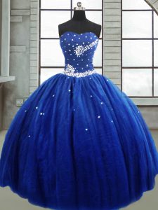 Fashionable Royal Blue Strapless Lace Up Beading Quince Ball Gowns Sleeveless