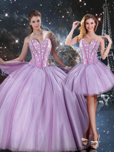 Gorgeous Lavender Lace Up 15th Birthday Dress Beading Sleeveless Floor Length
