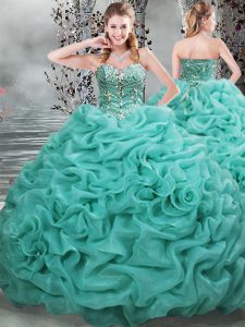 Admirable Beading and Pick Ups Sweet 16 Dress Turquoise Lace Up Sleeveless Brush Train