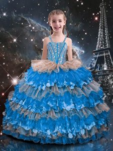 High Quality Baby Blue Sleeveless Floor Length Beading and Ruffled Layers Lace Up Girls Pageant Dresses