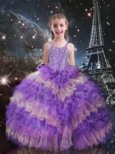 Cute Floor Length Lace Up Pageant Gowns For Girls Lilac for Quinceanera and Wedding Party with Beading and Ruffled Layers
