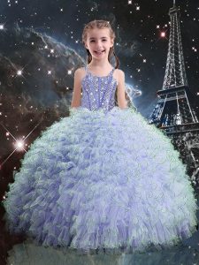 Light Blue Organza Lace Up Straps Sleeveless Floor Length Child Pageant Dress Beading and Ruffles