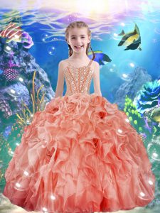 Popular Watermelon Red Ball Gowns Straps Sleeveless Organza Floor Length Lace Up Beading and Ruffles Kids Formal Wear