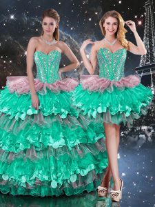 Multi-color Organza Lace Up Sweetheart Sleeveless Floor Length 15th Birthday Dress Beading and Ruffles and Ruffled Layers