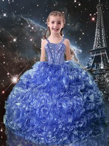 Cute Blue Ball Gowns Straps Sleeveless Organza Floor Length Lace Up Beading and Ruffles Kids Formal Wear