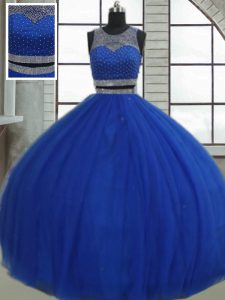Royal Blue Scoop Clasp Handle Beading and Sequins Ball Gown Prom Dress Sleeveless