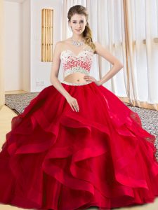 Stylish Red One Shoulder Criss Cross Beading and Ruffles Quinceanera Dress Sleeveless