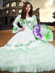 Excellent White Ball Gowns Embroidery and Ruffled Layers 15 Quinceanera Dress Lace Up Organza Long Sleeves Floor Length
