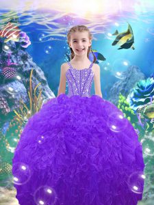 Eggplant Purple Sleeveless Floor Length Beading and Ruffles Lace Up Little Girl Pageant Dress