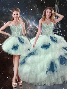 Beautiful Floor Length Blue And White Ball Gown Prom Dress Sweetheart Sleeveless Lace Up
