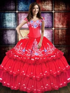 Hot Sale Coral Red Ball Gowns Embroidery and Ruffled Layers Quinceanera Gowns Lace Up Taffeta Sleeveless Floor Length