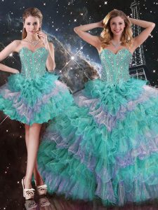 Decent Multi-color Organza Lace Up Sweetheart Sleeveless Floor Length Sweet 16 Dress Beading and Ruffled Layers