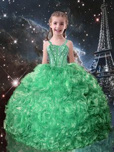 Adorable Turquoise Ball Gowns Straps Sleeveless Organza Floor Length Lace Up Beading and Ruffles Kids Pageant Dress