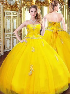 Floor Length Ball Gowns Sleeveless Gold Quince Ball Gowns Lace Up