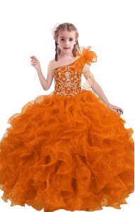 Great Floor Length Orange Red Little Girl Pageant Gowns Organza Sleeveless Beading and Ruffles