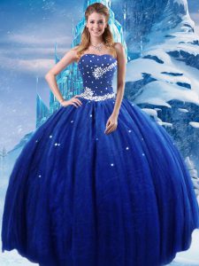 Best Ball Gowns Quinceanera Gowns Royal Blue Strapless Tulle Sleeveless Floor Length Lace Up